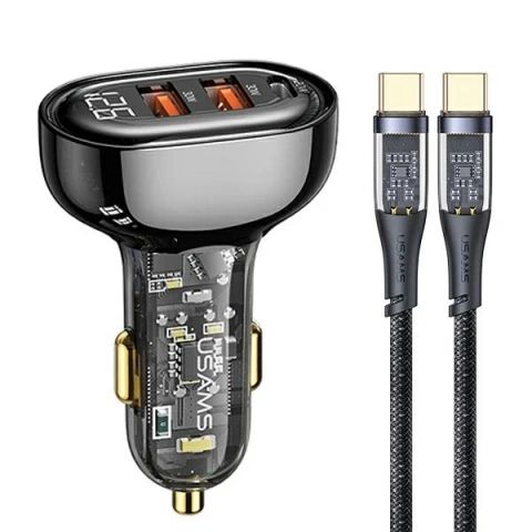 USAMS Ładowarka samochodowa 2xUSB+1xUSB-C 80W Fast Charge + kabel USB-C - USB-C BXLACCTC01