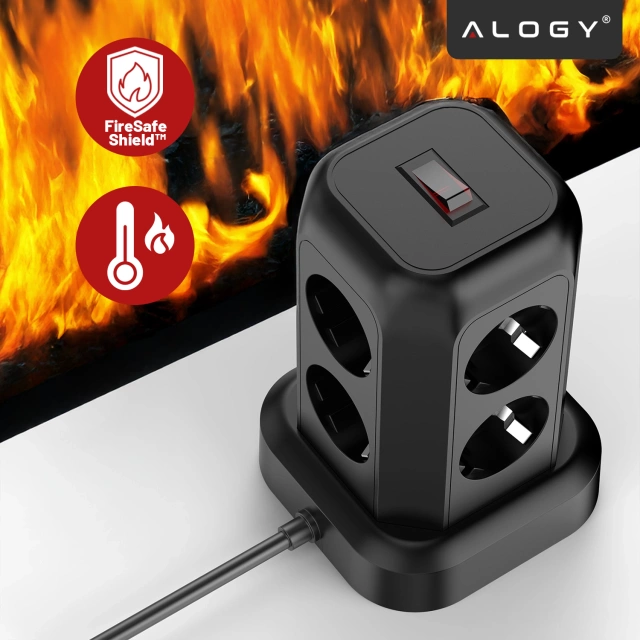 Przedłużacz 12w1 Rozdzielacz wieża ładująca Alogy ChargeTower Pro 2500W 8x gniazdo ładujące 3x USB.A 1x USB.C kabel 1.8m Czarny