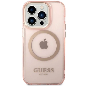 Etui na telefon Guess do  iPhone 14 Pro Max 6,7" różowy/pink hard case Gold Outline Translucent MagSafe