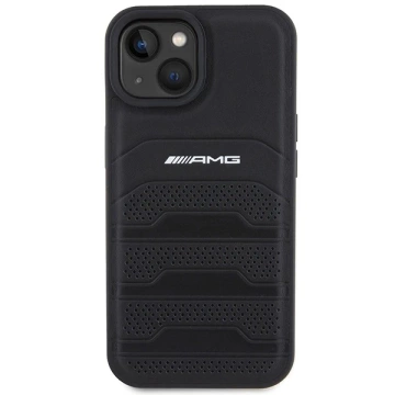 iPhone 15 Plus Hülle Mercedes AMG Leder Geprägte Linien Schwarz
