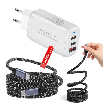 Kabel Zasilający USB-C do USB-C 65W 1m, Szybkie Ładowanie PD, Magnetyczny, Trwały i Elastyczny Przewód Kompatybilny z iPhone, MacBook i Android, Alogy MagiCharge™ – Czarny  + Ładowarka Sieciowa 3w1 65W