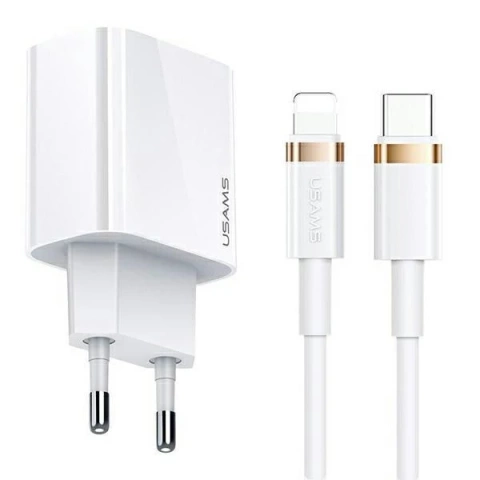 USAMS Wandladegerät 1xUSB-C T34 20W 5V-3A PD3.0 Kabel U63 USB-C zu Lightning 20W weiß/weiß (T49) T49OCLN01