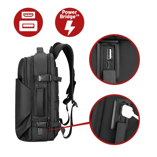 Plecak Podróżny z Przegrodą na Laptopa 17.3" Mark Ryden, Uniwersalny i Wszechstronny, Wodoodporny Bagaż Podręczny do Samolotu z Portem USB, 28L (49×33×12 cm) – Czarny