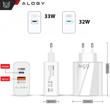 Schnelles USB-A QC 3.0 Quick Charge USB-C PD 33W 65W Wandladegerät Alogy White