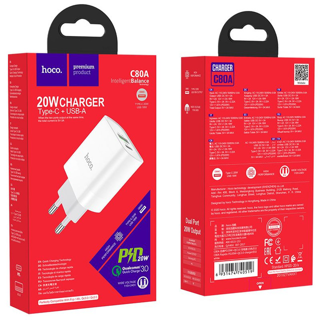 Ładowarka sieciowa HOCO C80A Network PD20W / QC3.0 White
