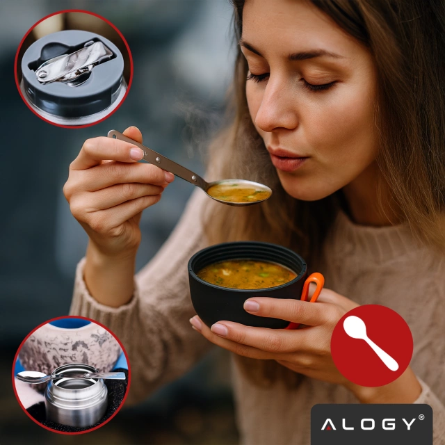 Termos pojemnik obiadowy na jedzenie żywność zupę lód dla dzieci 700ml Alogy ze stali nierdzewnej + składana łyżeczka termiczny szary