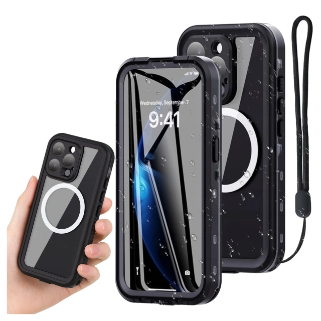 Etui Wodoodporne do Apple iPhone 15 Pro, Pancerna Obudowa 360° z Przezroczystym Tyłem, Kompatybilna z MagSafe, HydroArmor™ IP68 Case – Czarne
