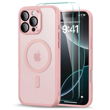 3-in-1 Hybrid-Glashüllen-Set für Apple iPhone 16 Pro Max: Schutzhülle mit Hybrid-MagSafe-Funktion und Linsenschutz, 2x Displayschutzfolie aus gehärtetem Glas, Alogy 3-in-1-Hüllen-Set, Pink