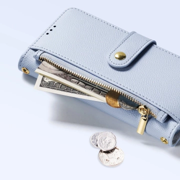 Etui skórzane do iPhone 16 Pro Dux Ducis Lawa z portfelem MagSafe błękitne