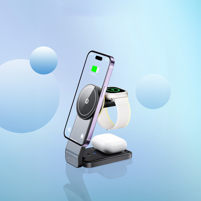 Ładowarka indukcyjna Qi Mag Safe 15W do iPhone Apple Watch AirPods 3w1 bezprzewodowa stojak czarna