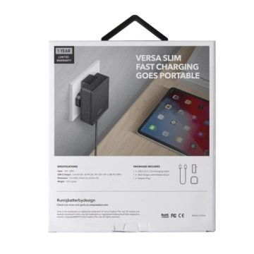 UNIQ Wandladegerät Versa Slim USB-C PD 18W USB-C zu USB-C Kabel schwarz/kohleschwarz (LITHOS Collective)