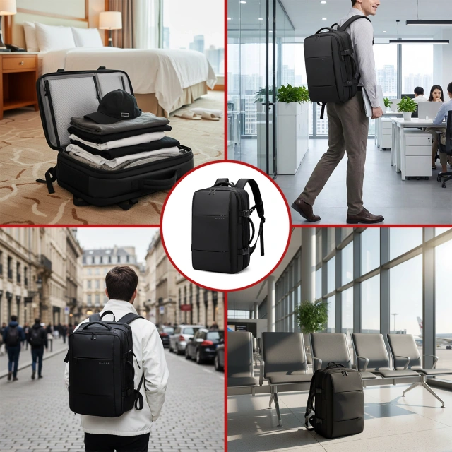 Pleacak wodoodporny Bange na laptopa miejski podróżny 46x30.5x20 cm z możliwością rozszerzenia do pracy samolotu męski damski z przegrodą próżniową + pompka próżniowa Czarny