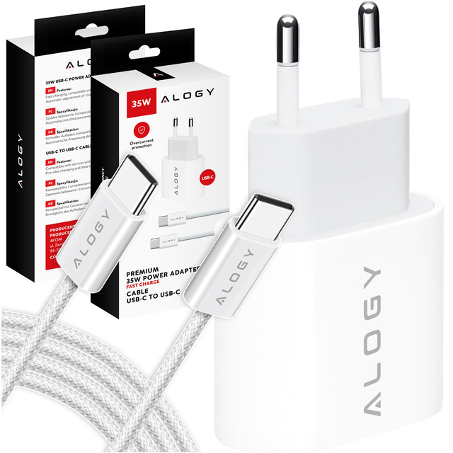 Ładowarka sieciowa szybka mocna 35W USB-C USB typ C PD GaN do iPhone Samsung +Kabel type-C 1m Alogy Biała