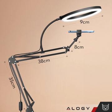 Ring LED Alogy Zeichenlampe mit flexiblem Arm und Schreibtischständer, Telefonhalter, Schwarz