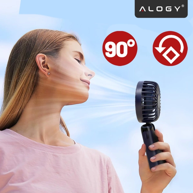 Wentylator Wiatrak Ręczny Bezprzewodowy, Przenośny i Biurkowy, z Uchwytem na Telefon, Ładowanie USB-C, Bateria 18650, Alogy CoolBreeze™ – Granatowy