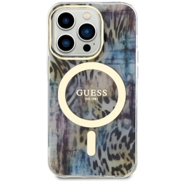 Etui na telefon Guess GUHMP14LHLEOPWB für Apple iPhone 14 Pro 6.1" niebieski/blue hardcase Leopard MagSafe