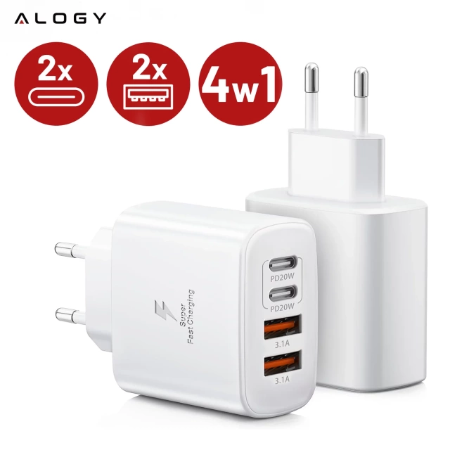 Ładowarka sieciowa 40W 2x USB 2x USB-C Alogy Super Fast Charger Szybkie ładowanie PowerDelivery PD Biała
