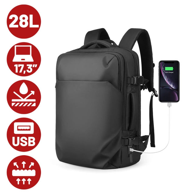 Plecak Podróżny z Przegrodą na Laptopa 17.3" Mark Ryden, Uniwersalny i Wszechstronny, Wodoodporny Bagaż Podręczny do Samolotu z Portem USB, 28L (49×33×12 cm) – Czarny