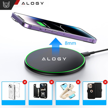 QI kabelloses induktives Ladegerät 15 W schnelle LED Alogy rund für iPhone USB-C-Kabel Schwarz
