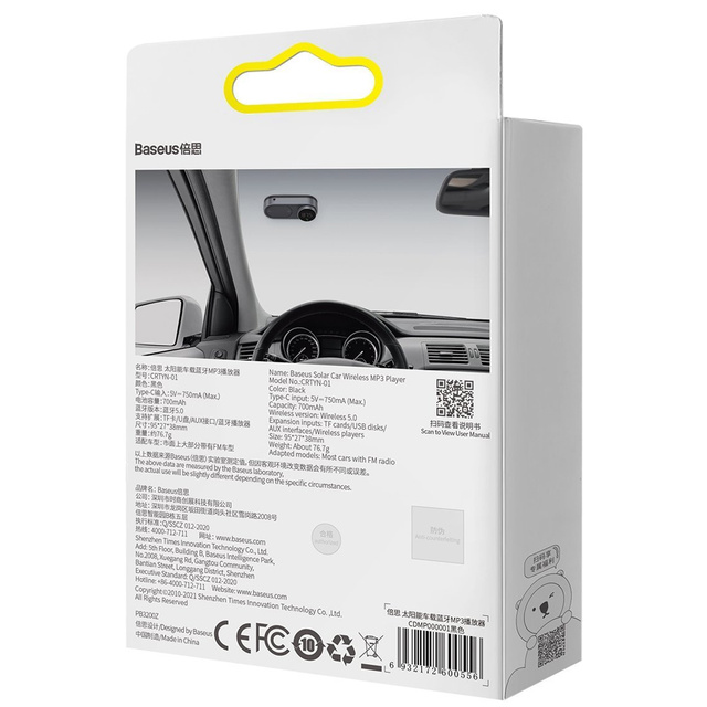 Transmiter FM solarny Baseus zestaw głośnomówiący Bluetooth 5.0 MP3 TF AUX HD Czarny