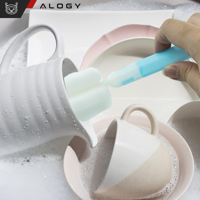 Szczotka do mycia czyszczenia butelek słoików kieliszków Gąbka Czyścik Myjka składana rączka Alogy niebiesko-biała