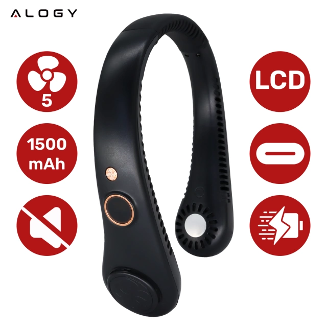 Wiatrak na szyję Alogy BreezeNeck™ mini wentylator cyrkulator powietrza na kark z wyświetlaczem 1500mAh Czarny