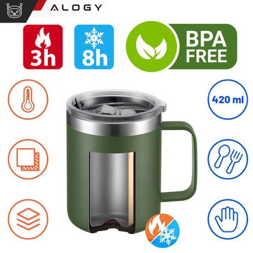 Thermobecher 2er-Set Thermobecher 420 ml mit Henkel und Deckel für Kaffee und Tee, Stahl Alogy Green