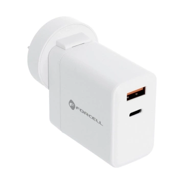 Ładowarka sieciowa 3w1 FORCELL F-ENERGY Typ C + USB A PD QC4.0 3A 45W z wymiennymi wtyczkami Biała
