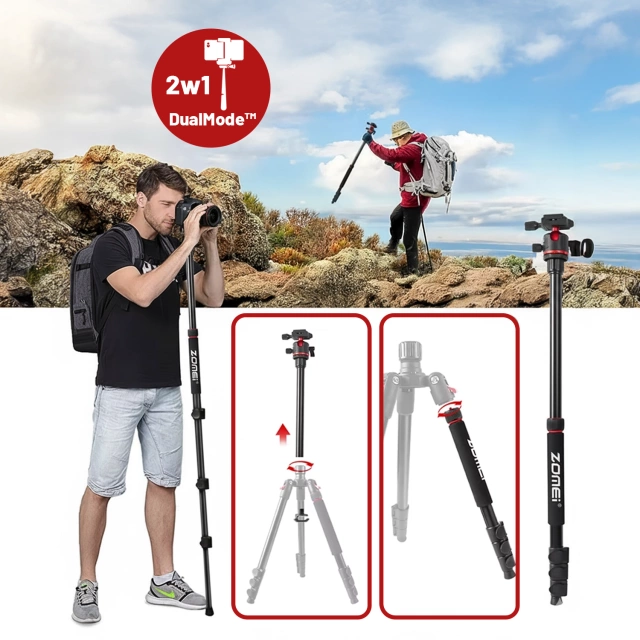 Statyw Profesjonalny 2w1 – Tripod i Monopod do Aparatu i Kamery, Składany z Regulowaną Wysokością i Głowicą Kulową 360°, Stabilny i Lekki, ProStand™ – Czarny