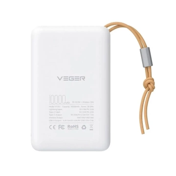 Powerbank Bateria zewnętrzna VEGER MagOn z ładowaniem Qi do MagSafe 15W - 10 000mAh PD 22,5W biały (VP1151 / W1151)