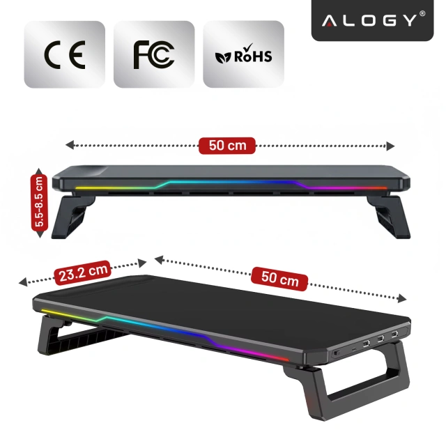Podstawka pod monitor z lampką listwą świetlną RGB z wejściami HUB USB (3× USB-A, 1× USB-C) – biurkowa do Home Office, Gaming, poprawa ergonomii – Alogy MonitorStand™ Czarna