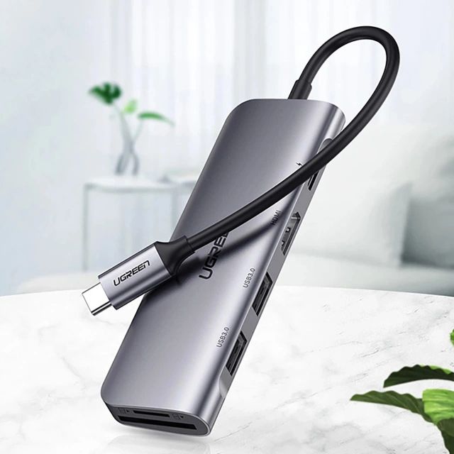 Adapter Ugreen CM195 USB-C HDMI USB-A SD TF PD 100W Hub 6w1 Szary