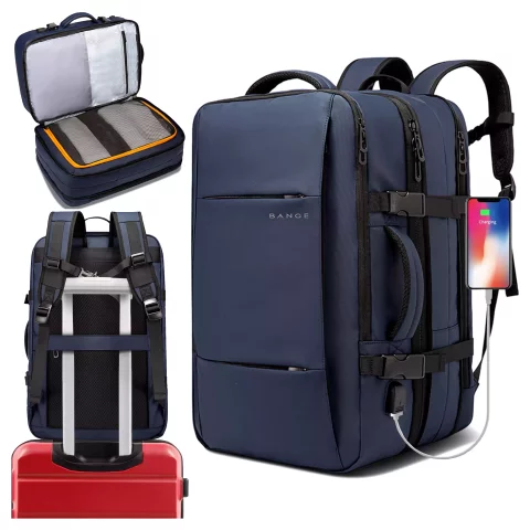 Plecak wodoodporny Bange na laptopa 15.6" miejski podróżny 47x31x15-25 cm do pracy samolotu męski damski z portem USB Granatowy