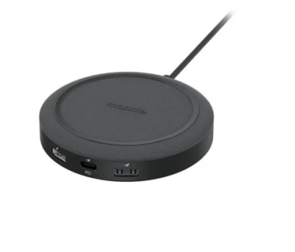 Mophie Universal Wireless Charging Hub – Ladegerät für vier Geräte, kabelloses Laden mit 10 W, zusätzliche 3 Anschlüsse – USB A 12 W, USB A 18 W, USB C 20 W (schwarz)