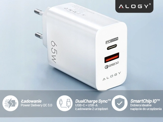 Ładowarka sieciowa USB-A + USB-C – szybkie ładowanie QC 3.0 i PD 33W 65W, kompaktowa, uniwersalna do telefonu i laptopa – Alogy GaN PowerCharge™ Biała