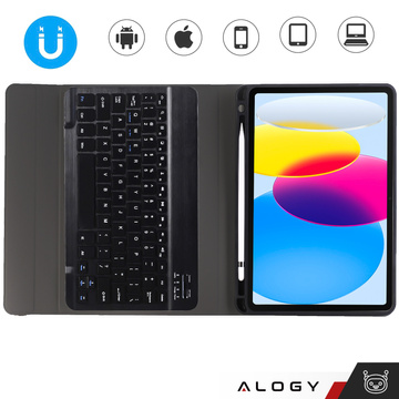 Schutzhülle mit kabelloser Tastatur Alogy Tastaturhülle mit Stylus-Halterung für Apple iPad 10.9 2022 aus schwarzem Glas