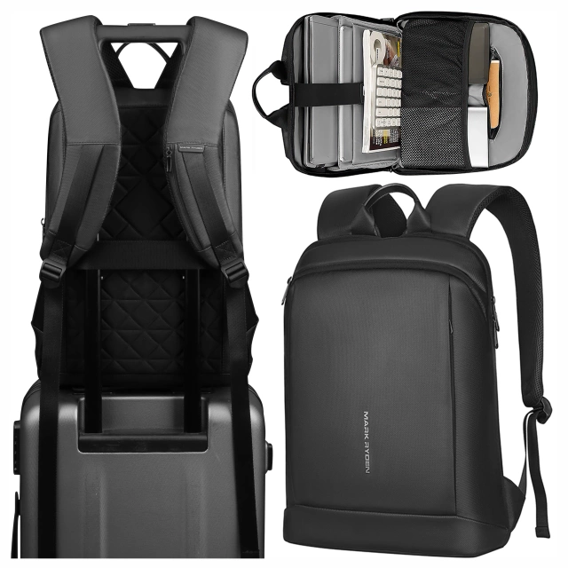 Plecak na Laptopa 15.6" Mark Ryden, Wodoodporny Biznesowy i Podróżny, Wygodny, Otwierany 180°, z Zaczepem na Walizkę, 13L (43×30×10 cm) – Czarny