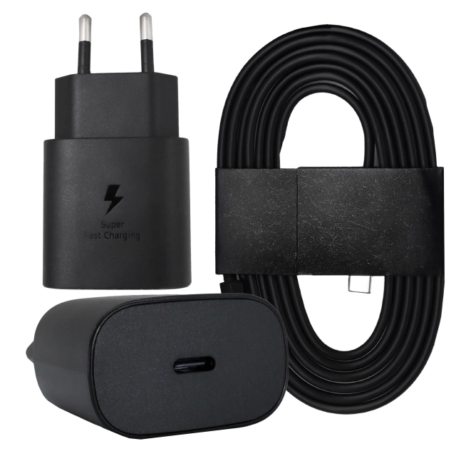 Ładowarka Sieciowa Oryginalna Samsung USB-C 25W + Kabel USB-C 1.8 m, Super Fast Charge, Szybkie Ładowanie, Zestaw Premium – Czarna
