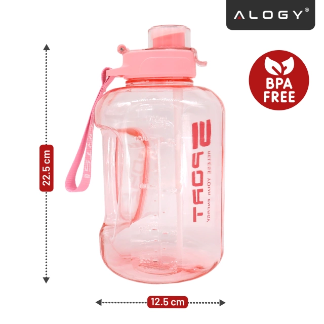 Duża Butelka Motywacyjna na Wodę 1.7L Bidon Sportowy z Miarką, Uchwytem i Pokrywką 2w1 (Dzióbek + Słomka), Wygodna i Szczelna, Alogy Sport 1700ml – Różowa