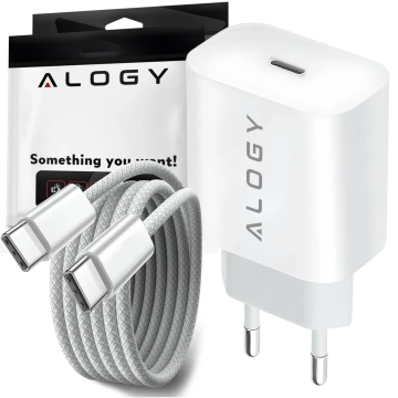 Ładowarka sieciowa szybka 30W USB-C USB typ C GaN PD do iPhone kostka Alogy Biała + Kabel USB-C 1m