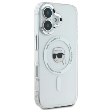 Karl Lagerfeld Hülle für iPhone 16 6,1" Weißes MagSafe Hardcase IML Metal Karl Head