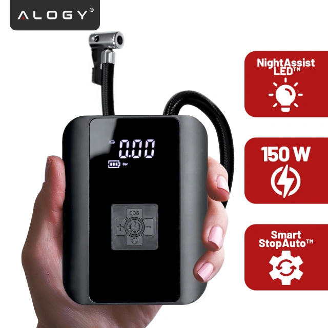 Pompka elektryczna rowerowa do roweru Bezprzewodowa Kompresor Samochodowy przenośny z latarką 150 PSI Alogy Czarna