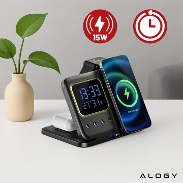 Kabellose Schnellladestation 5-in-1 mit LED-Uhr, 15 W, USB-C auf MagSafe für Apple iPhone, Watch und AirPods, inklusive Uhr und Hygrometer, Schwarz