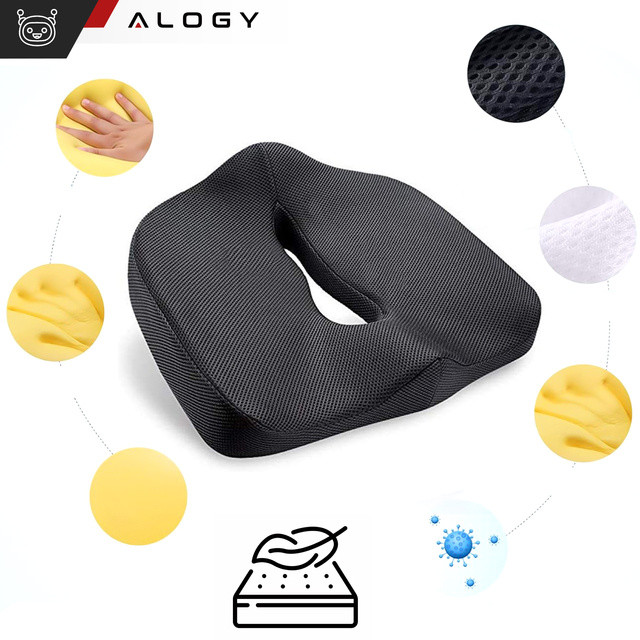 Poduszka ortopedyczna do siedzenia Alogy Seat Pillow do auta na krzesło do biurka siedzisko na fotel z pianką Memory Foam zapamiętująca Czarna