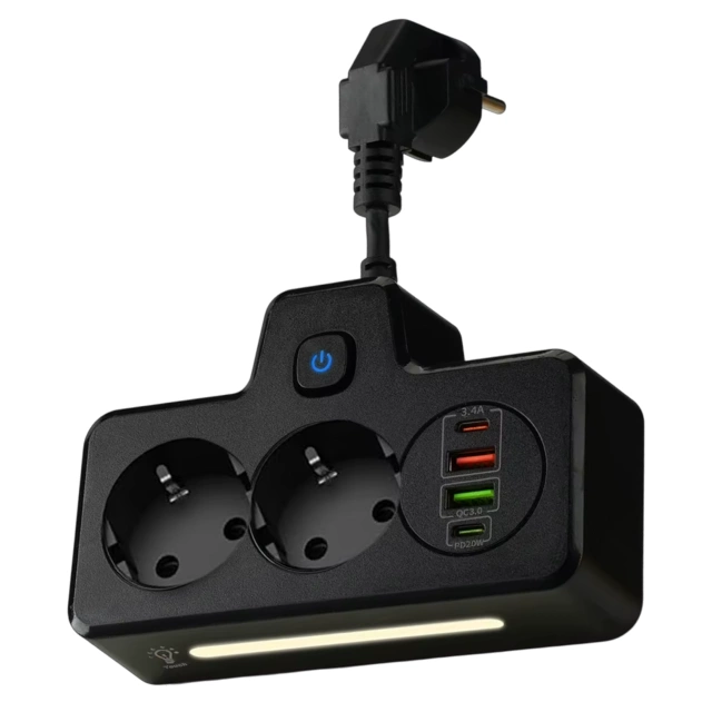 Rozgałęźnik gniazdka Alogy Plug Extender rozdzielacz adapter przedłużacz 2x wtyczka EU + 2x USB + 2x USB-C Czarny