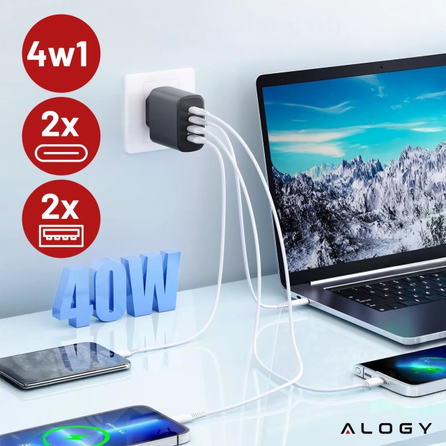 Ładowarka sieciowa 40W 2x USB 2x USB-C Alogy Super Fast Charger Szybkie ładowanie PowerDelivery PD Czarna