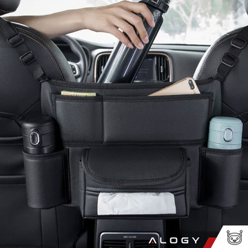 Auto-Organizer für das Auto zwischen Sitzen, Autositz, Alogy, Auto-Getränkehalter, Taschentücher, Schwarz, 2 x Kopfstützenhalter