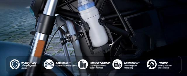 Uchwyt Motocyklowy / Rowerowy na Bidon, Butelkę lub Kubek z Blokadą Antykradzieżową, Regulowany 50–90 mm, Na Hulajnogę, Kierownicę i Ramę - Kewig