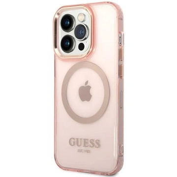 Etui na telefon Guess do  iPhone 14 Pro Max 6,7" różowy/pink hard case Gold Outline Translucent MagSafe