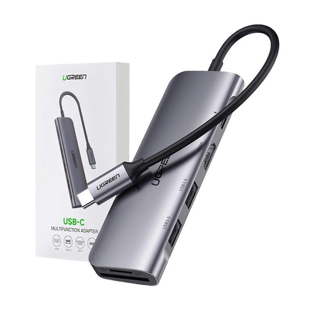 Adapter Ugreen CM195 USB-C HDMI USB-A SD TF PD 100W Hub 6w1 Szary